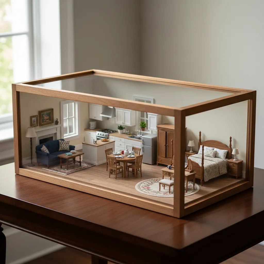 Miniatur rumah lengkap dengan furnitur skala kecil