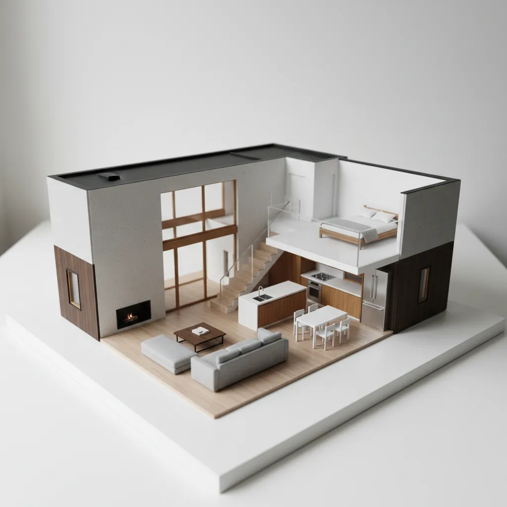 Miniatur rumah kecil dengan layout ruang terbuka
