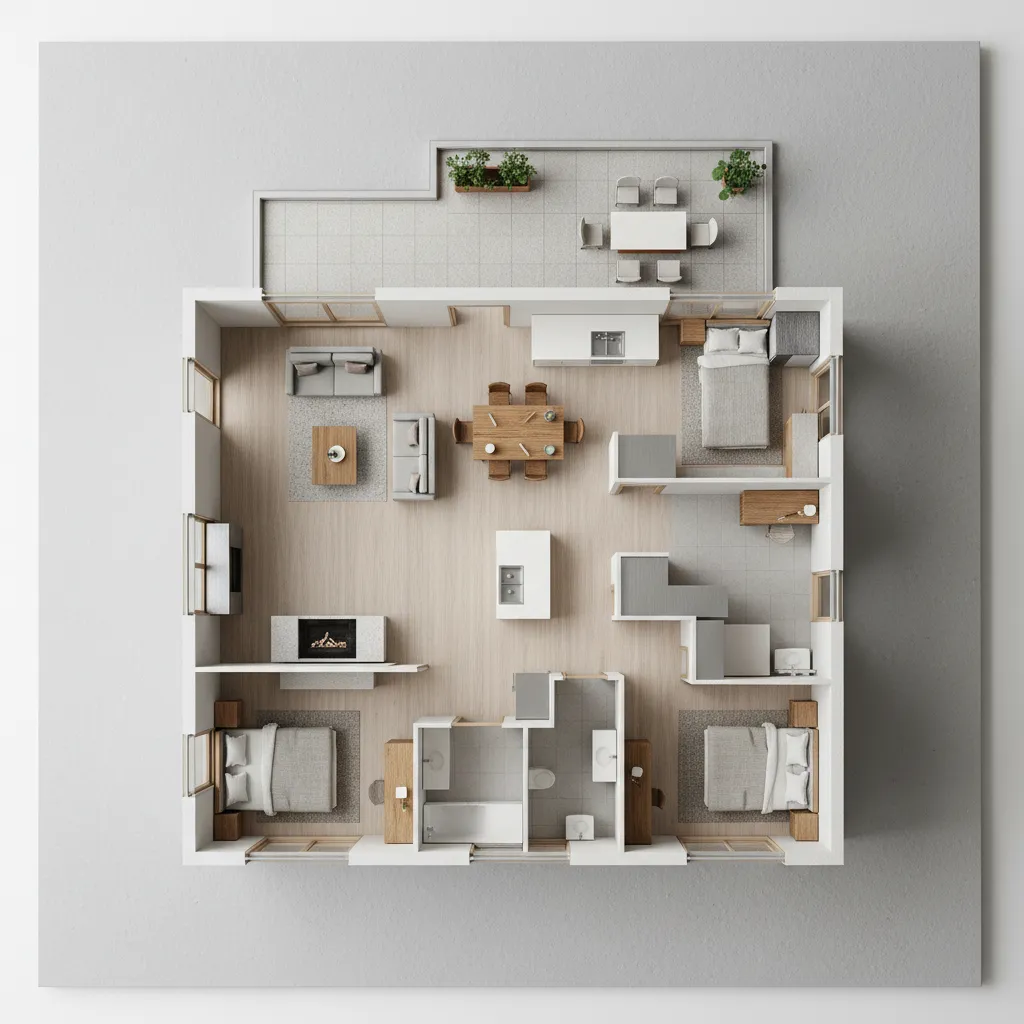 Miniatur rumah tampak atas menunjukkan pembagian ruang