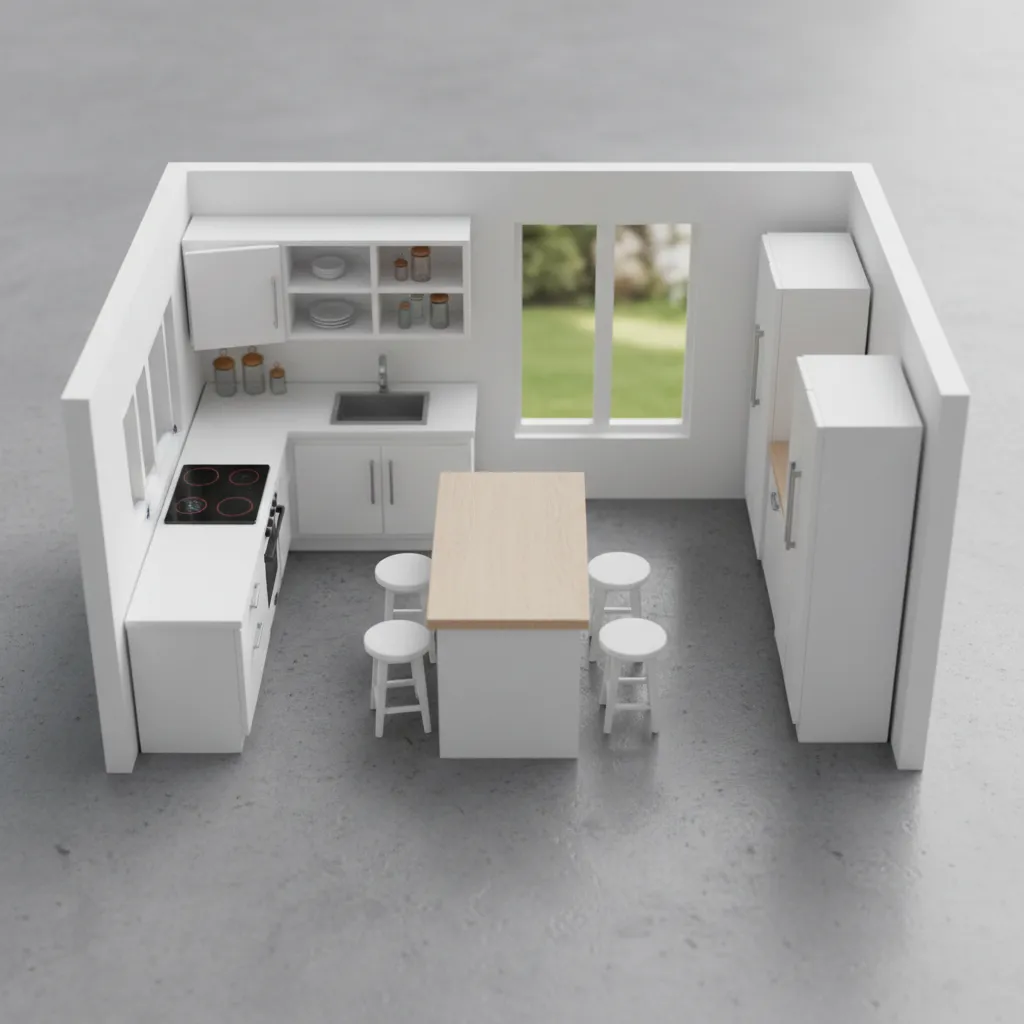 Mini Barbie kitchen layout showing sink stove and cabinets arrangement