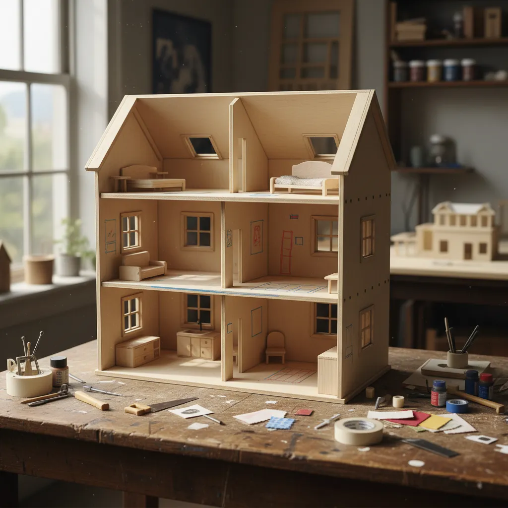 Maqueta simple de casa de muñecas mostrando distribución de habitaciones