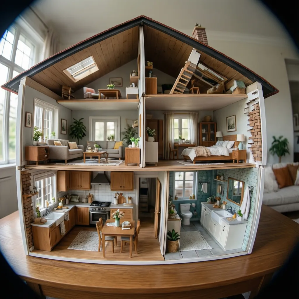 Vista completa de la distribución interior de una casa de muñecas moderna