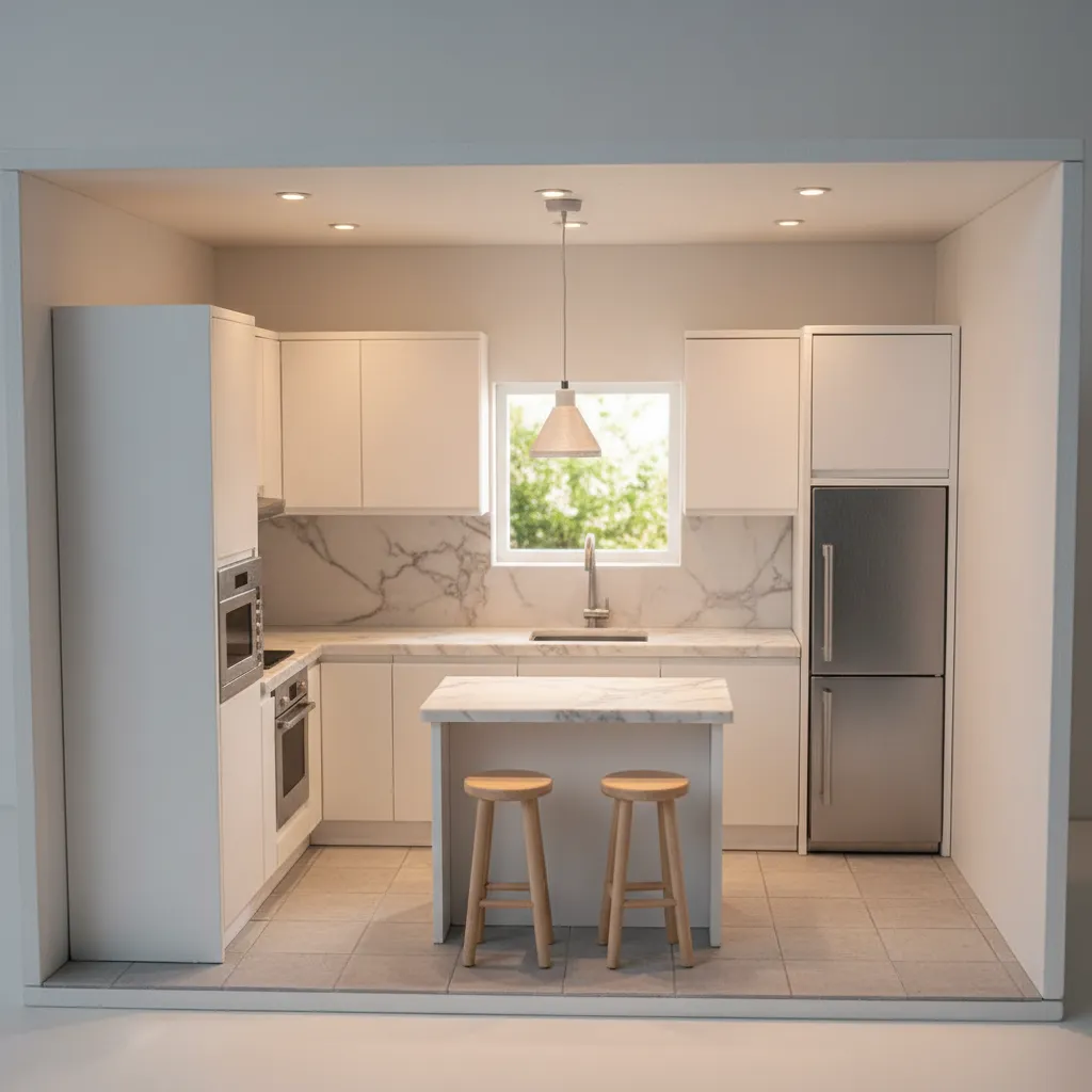 Cocina moderna en miniatura dentro de una casa de muñecas