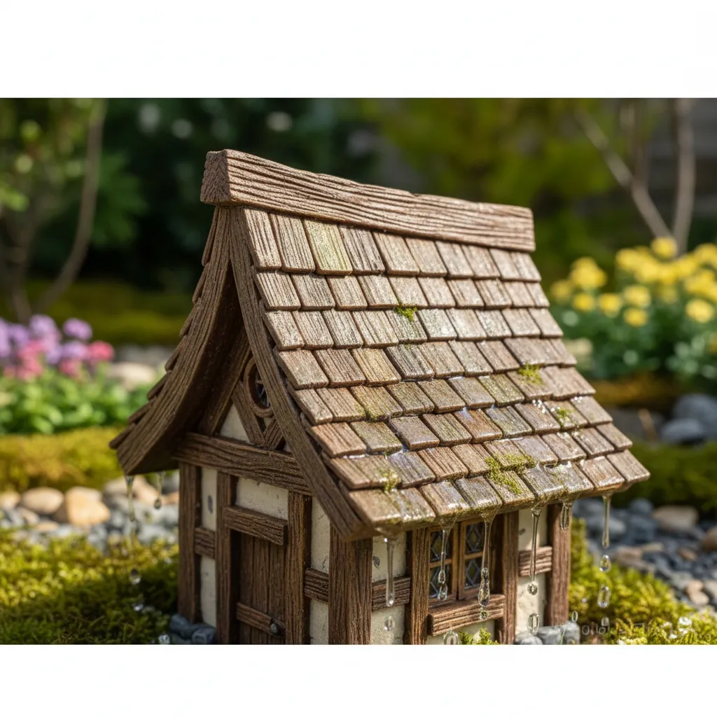 miniature gnome house roof with steep slope and overhang for rain protection