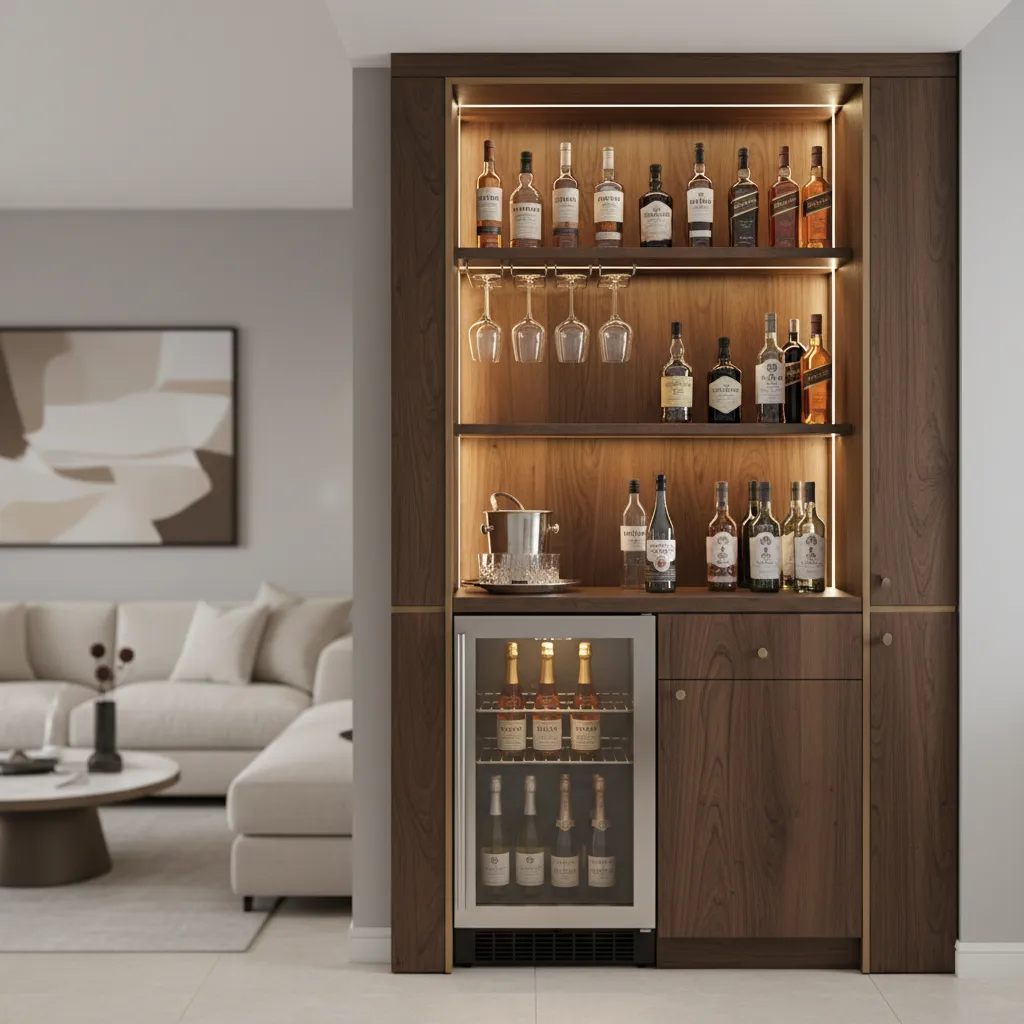 Minibar pequeño integrado en un mueble de salón con estantes y copas colgantes