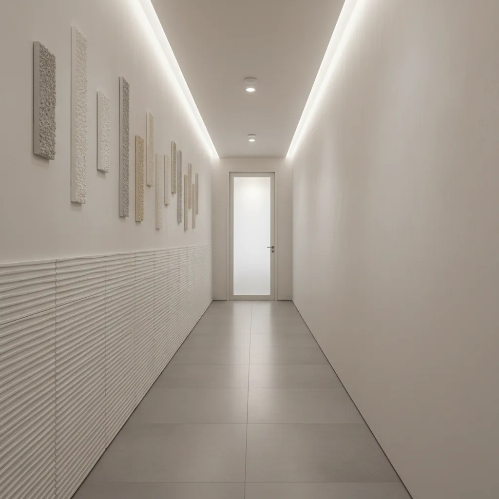 Narrow hallway decorated with thin minimalist 3D wall panels