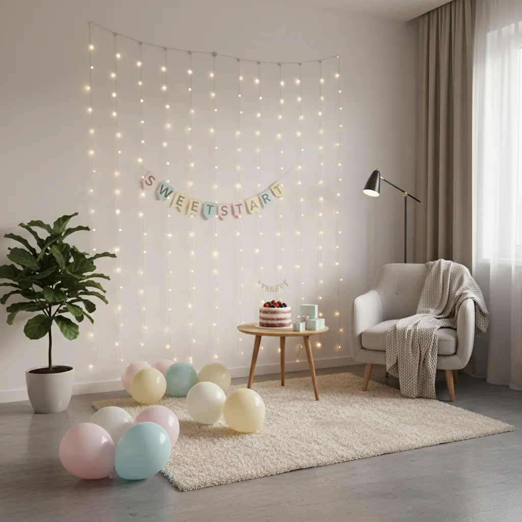 minimal baby celebration setup with fairy lights banner and soft decorations