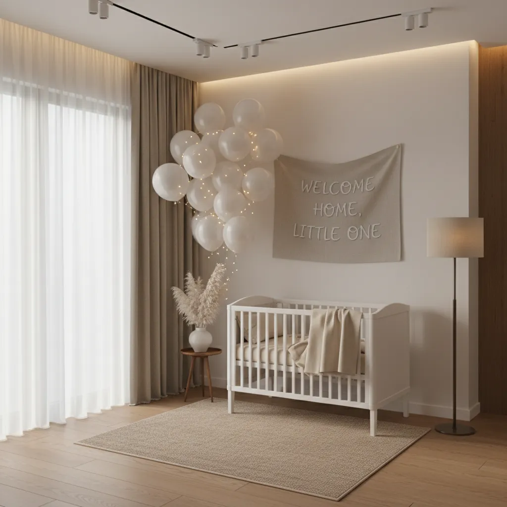 Neutral baby welcome decoration setup ideal for photos