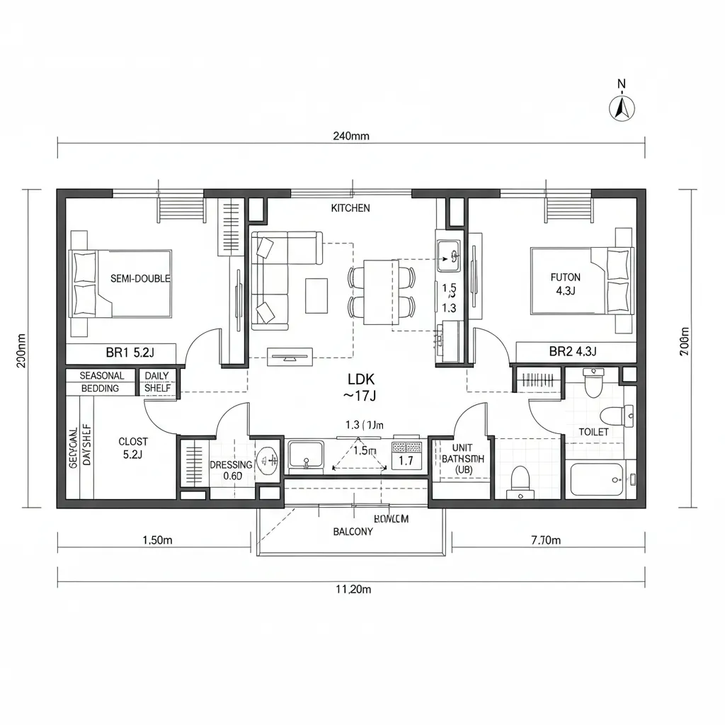 寝室を最小化し余白を生む2LDK