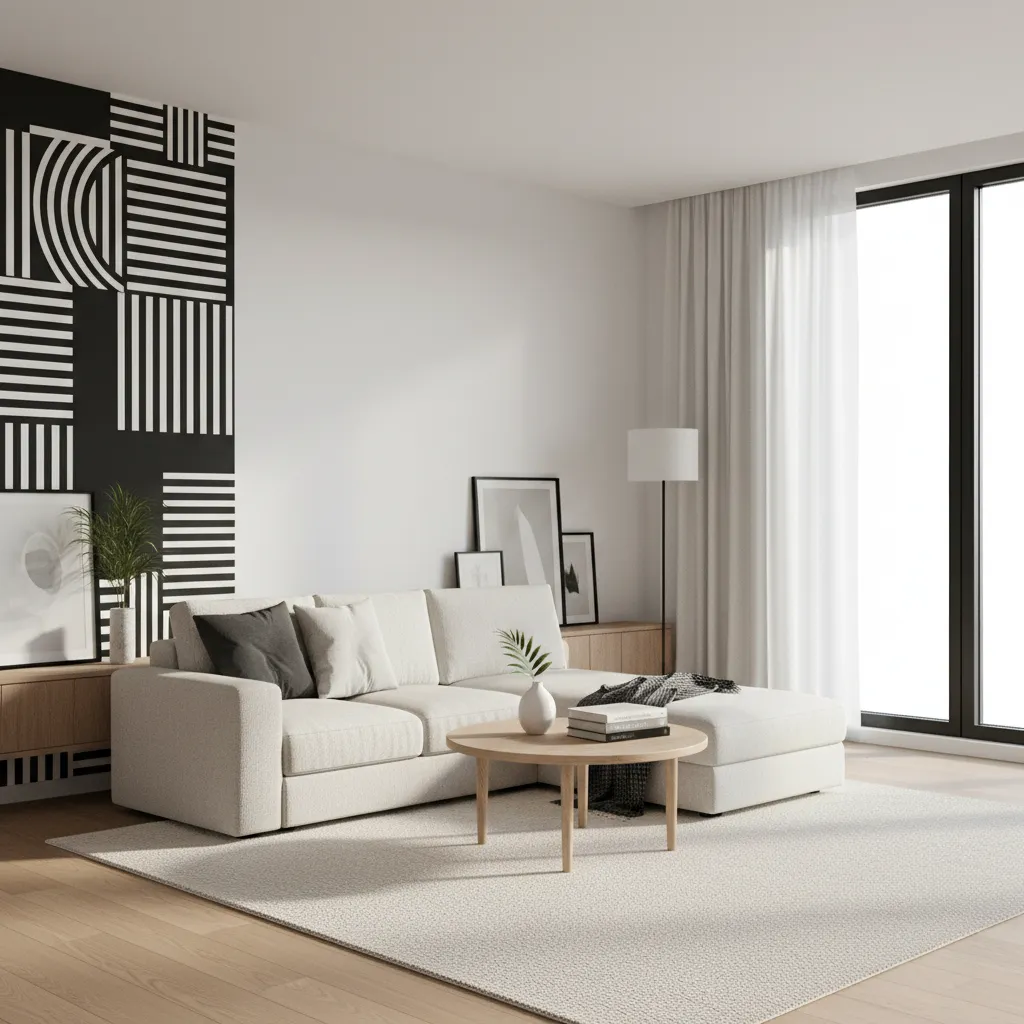 Minimalist living room with black and white accent wall