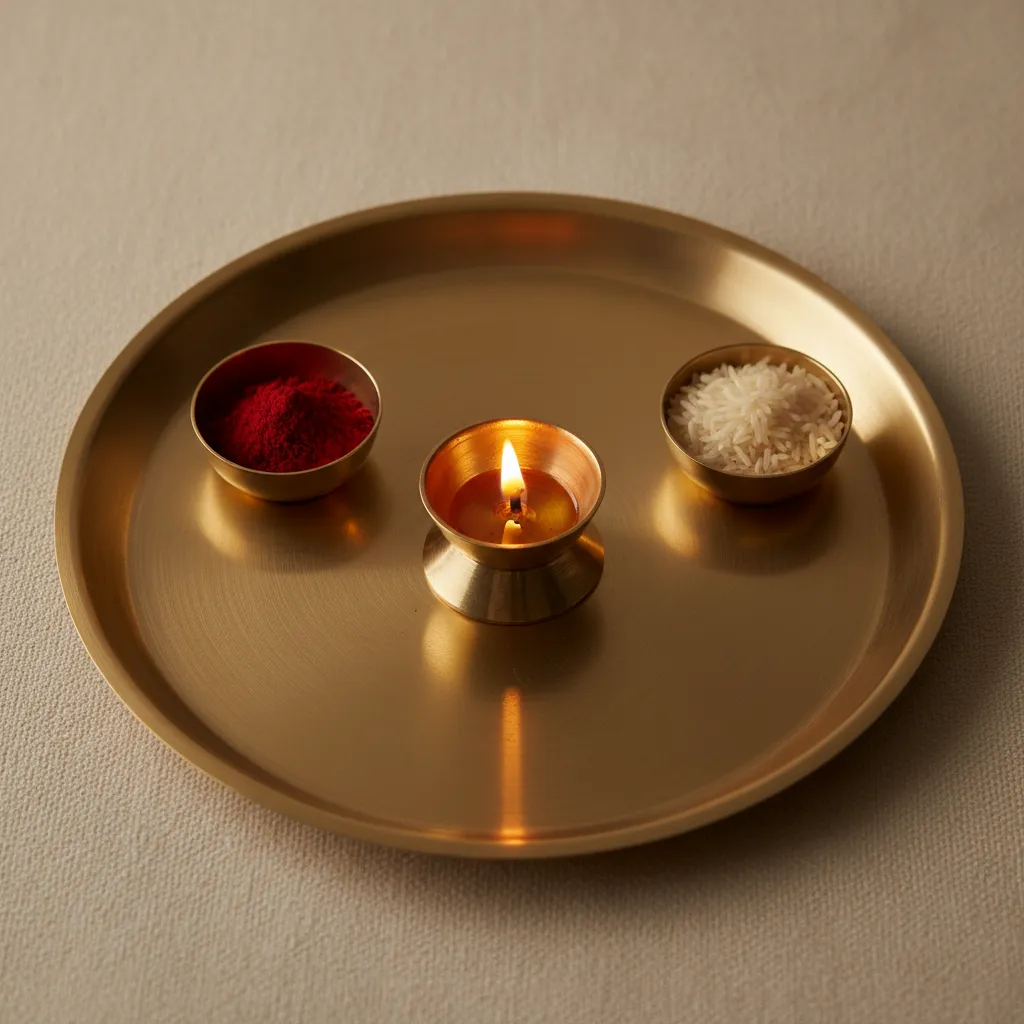 Minimal brass pooja thali with diya and kumkum bowls