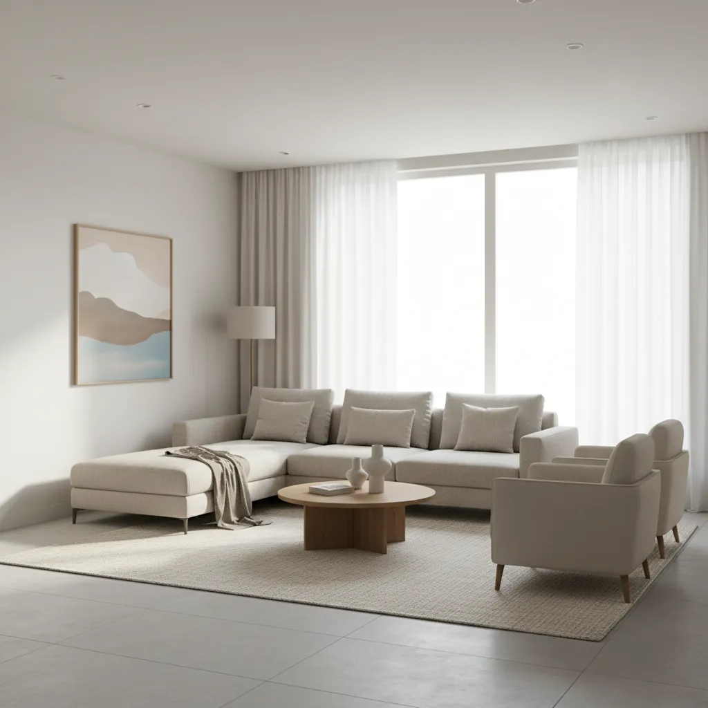 Simple neutral living room with sofa, rug and natural light showing a clean budget friendly base design