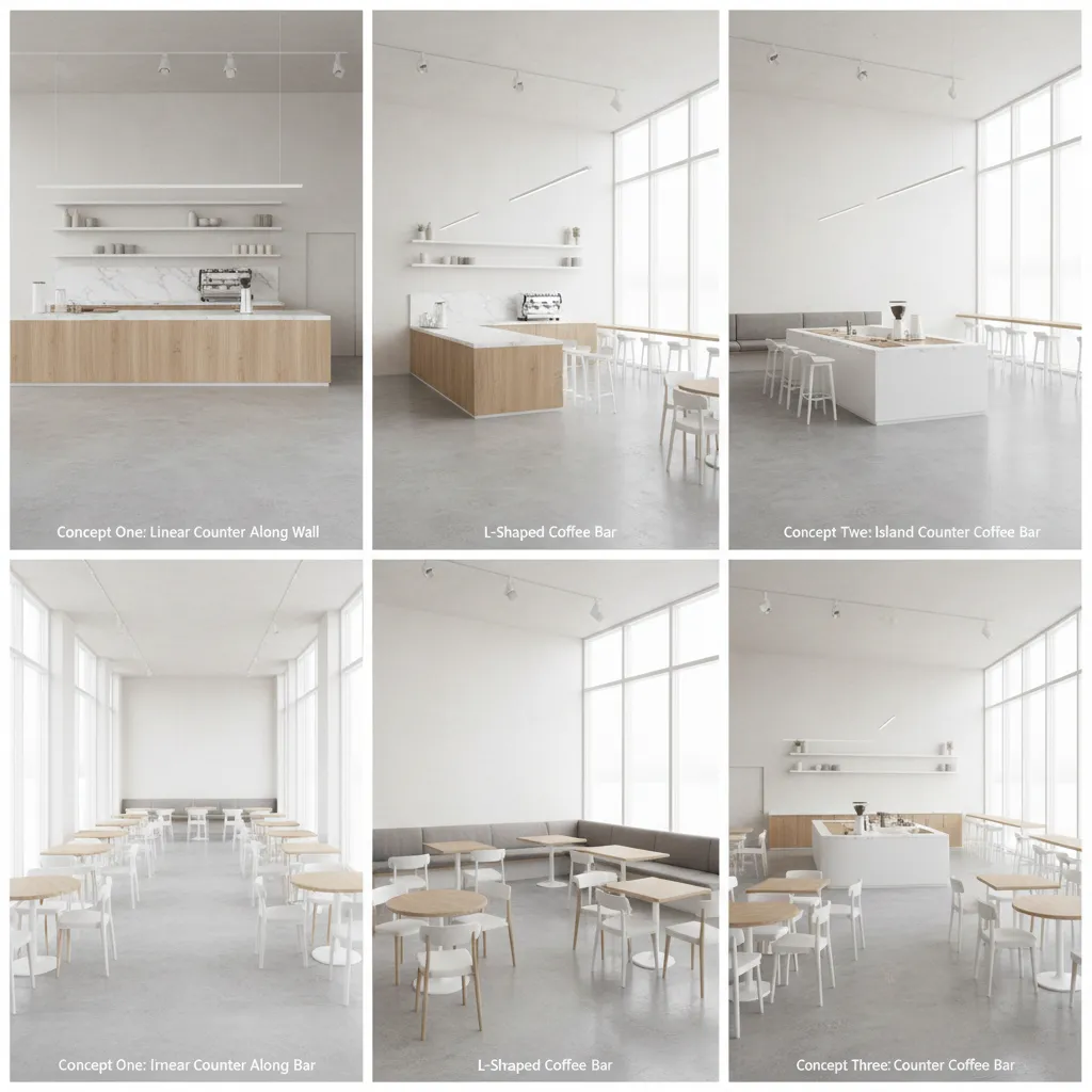 Minimal Cafe Floor Plan Layouts Compared Linear vs L Shape vs Island Counter