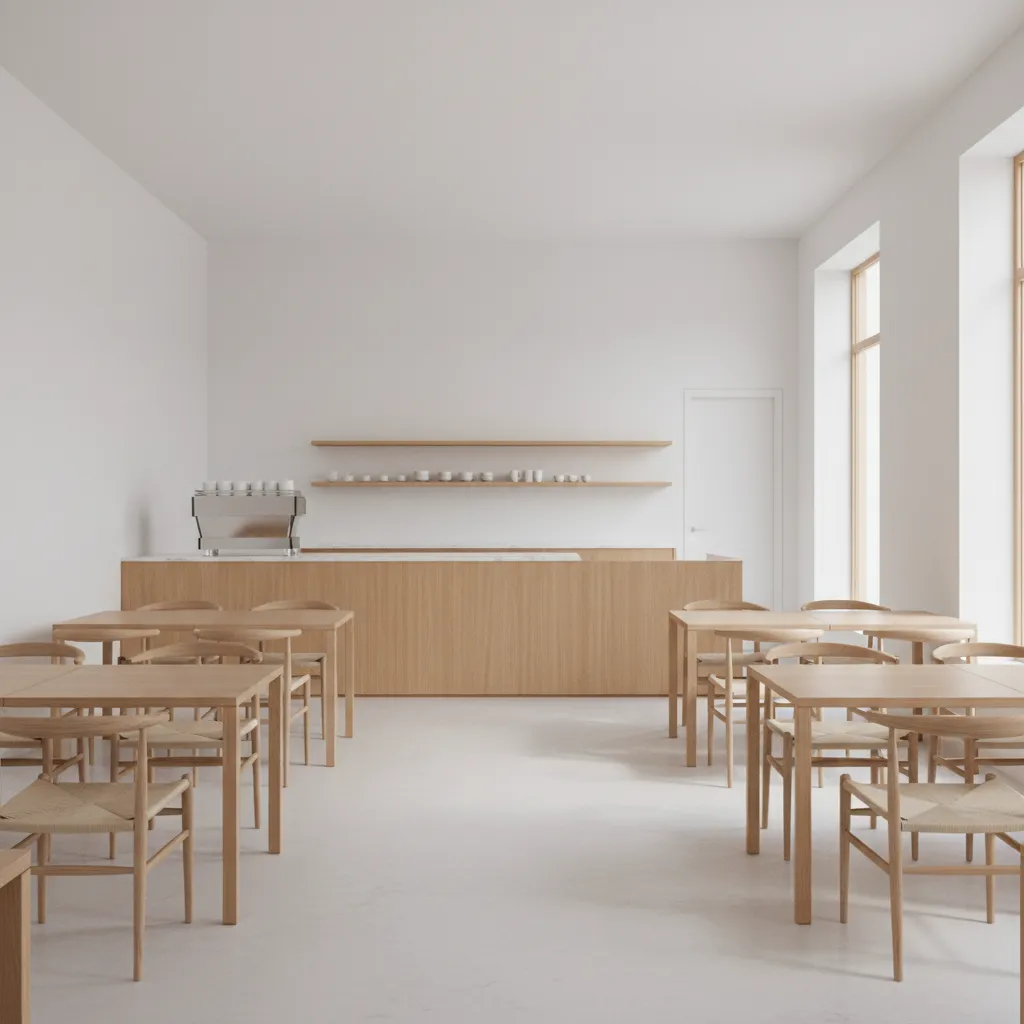 Minimalist coffee shop interior with clean layout and simple furniture