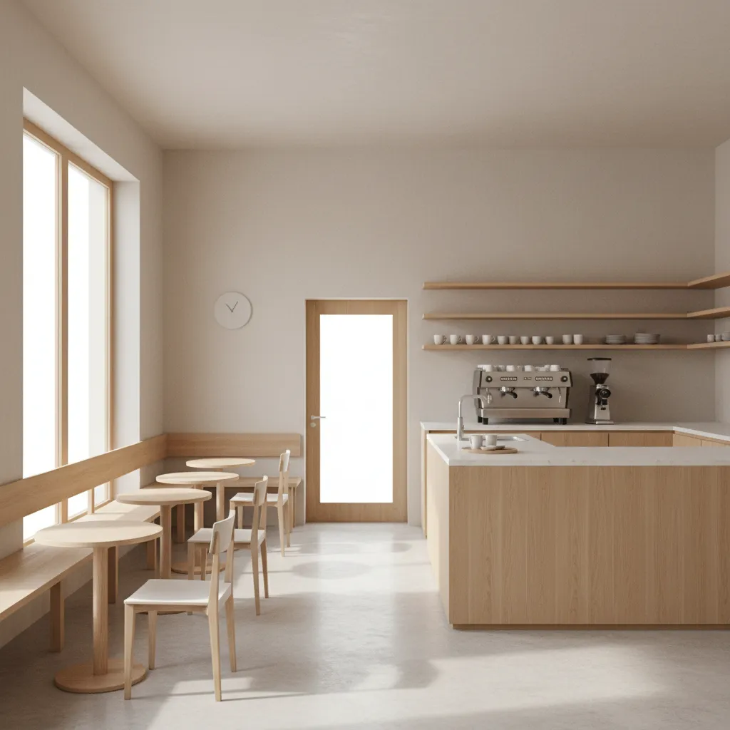 Small minimalist cafe interior showing entrance, counter, and seating layout