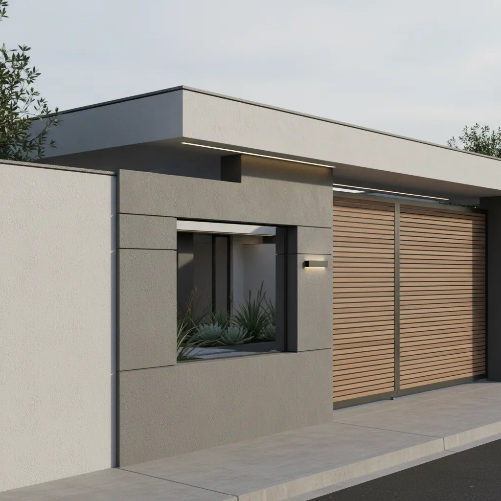 Minimal cement front wall with smooth plaster and subtle texture in modern residential exterior