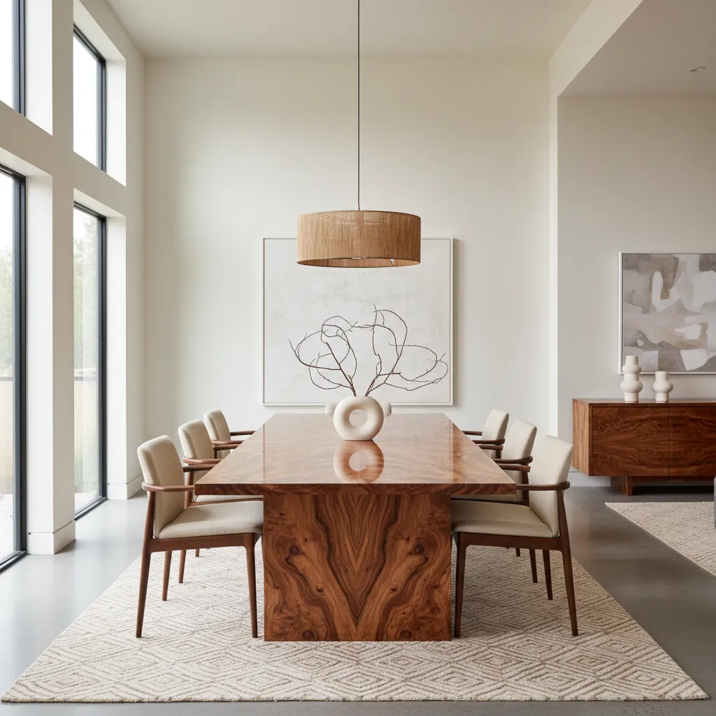 Minimal ceramic vase centerpiece on burl dining table