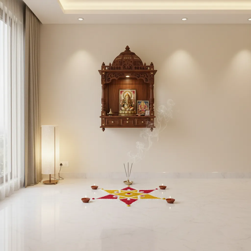 Minimal chowk design aligned under a wall mounted wooden mandir