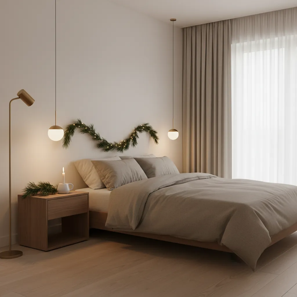 minimal bedroom with subtle christmas decor on nightstand and headboard