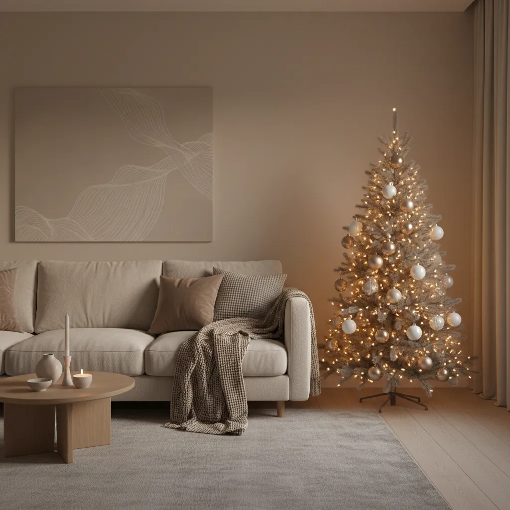 Beige living room with lit Christmas tree cream sofa round wooden table and grey rug