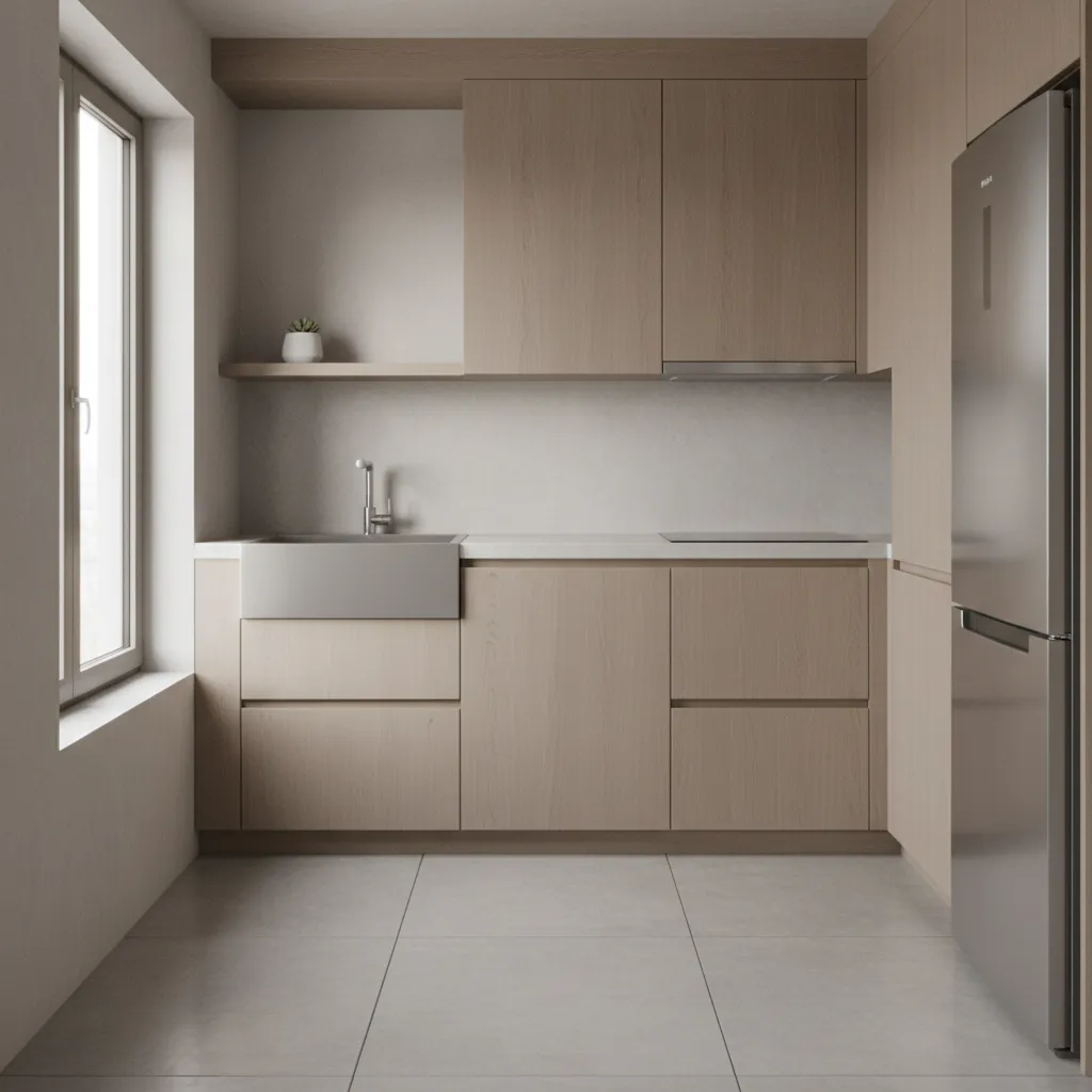 organized small kitchen with minimal clutter and clean counters