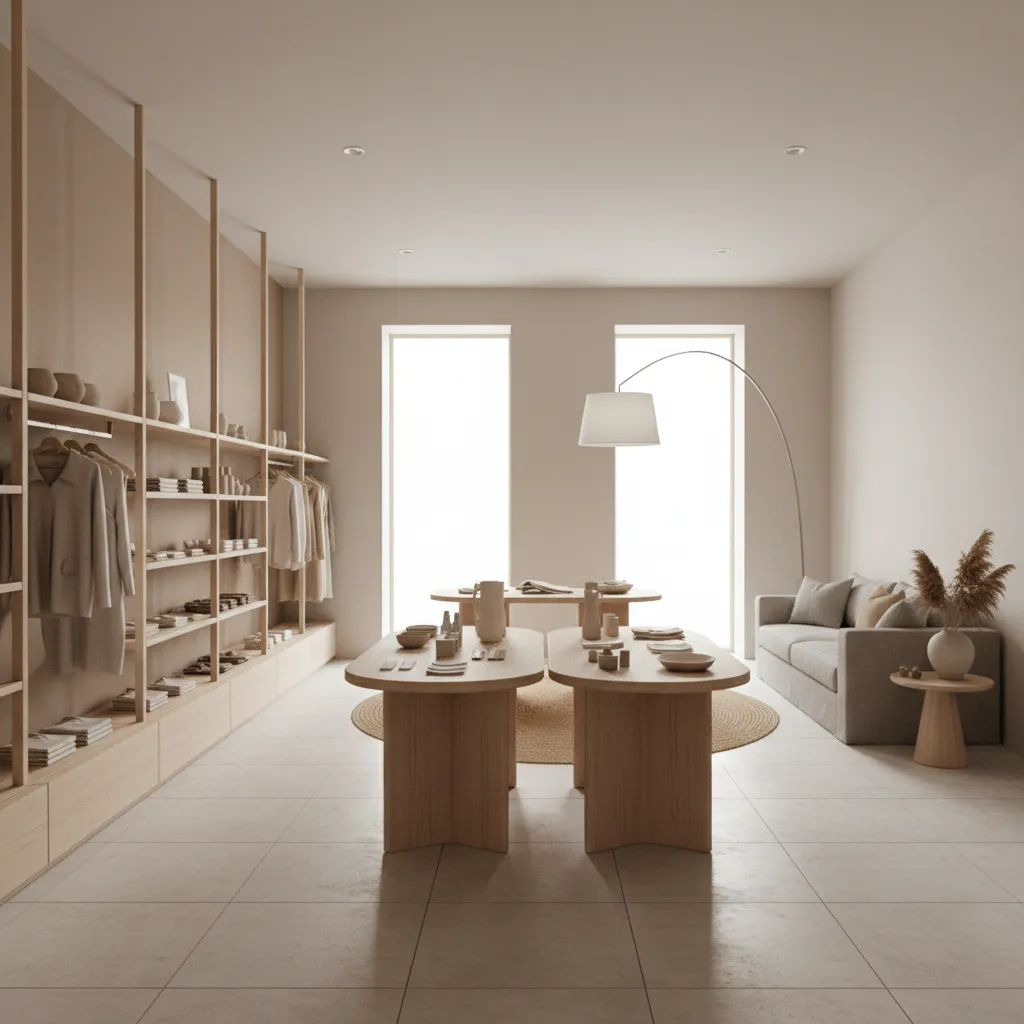 Minimal neutral retail shop wall painting design with shelves and products