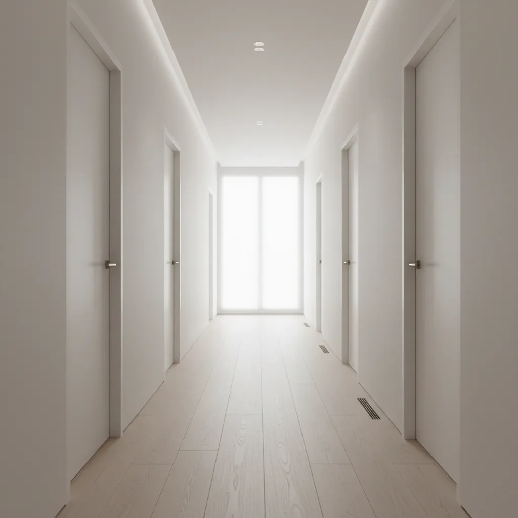 Clean minimalist home corridor with neutral walls and wooden floor