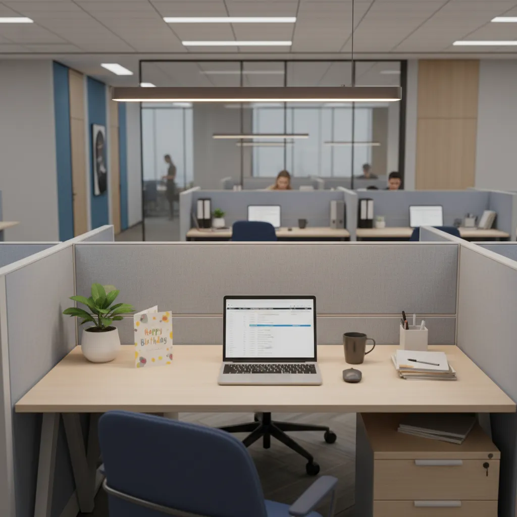 minimal birthday decorated cubicle desk with small sign and plant