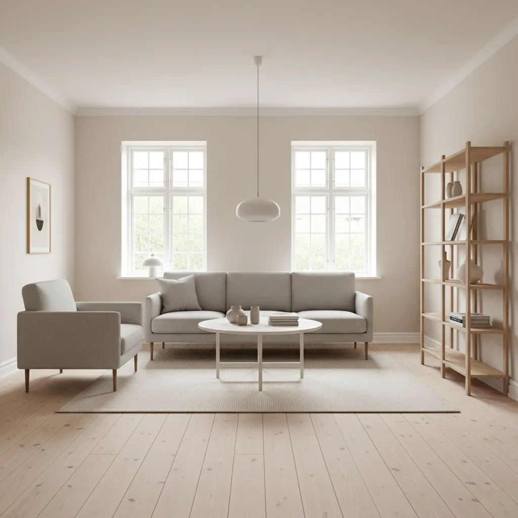 Minimal living room with grey sofa armchair wooden bookshelf round coffee table and light floors