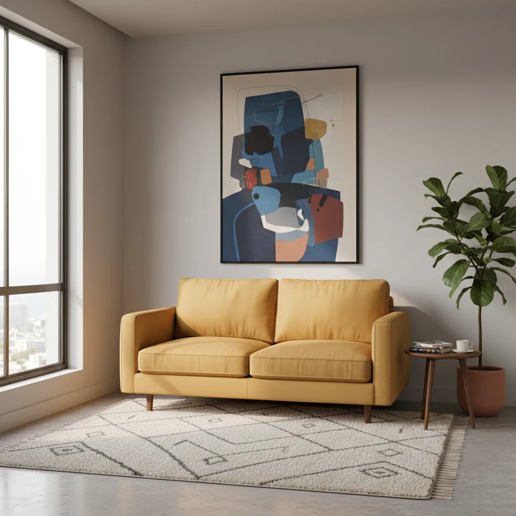 Minimal styled small drawing room with single artwork and indoor plant
