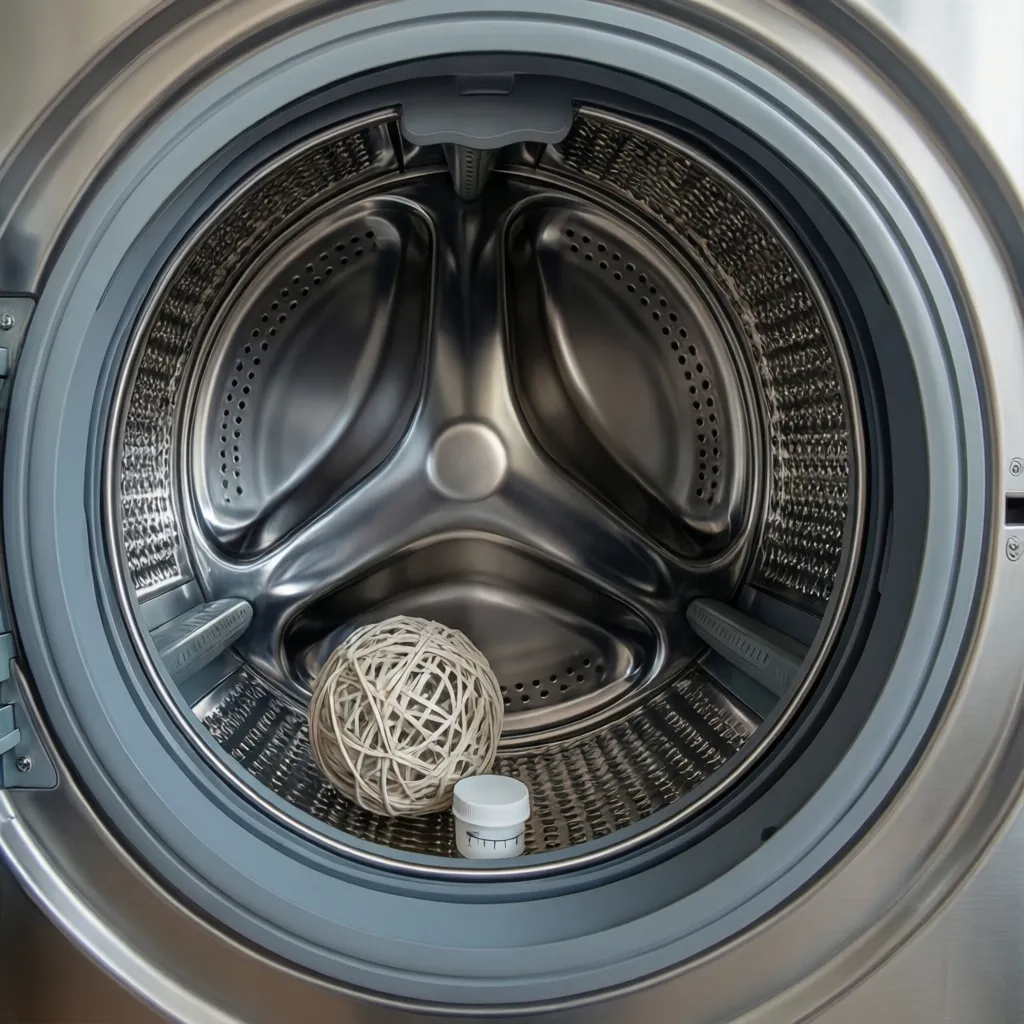 small amount of detergent with laundry ball placed in washing machine drum