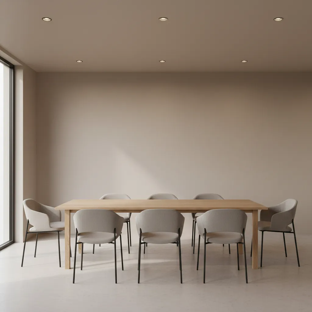 Simple dining room with recessed ceiling lighting and neutral design