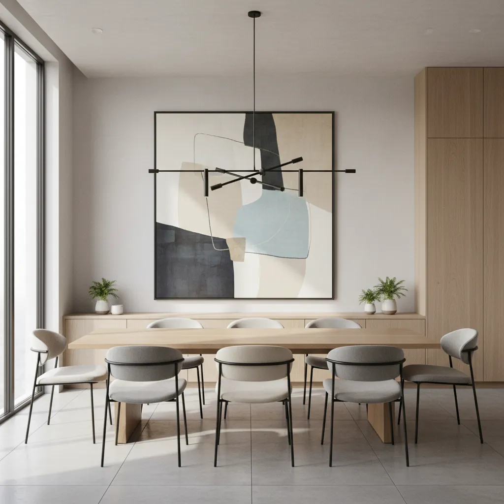 Modern dining room with large artwork centered above dining table