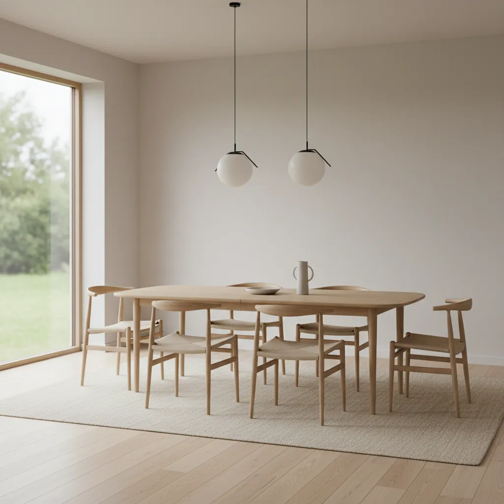 Minimal dining room with simple wooden dining chairs and neutral decor