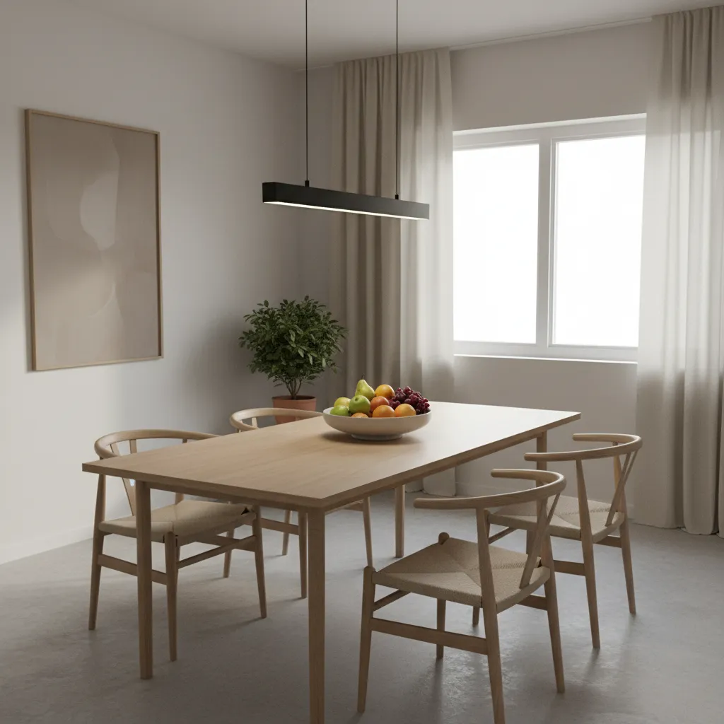 Minimal dining table with simple decorative centerpiece and natural lighting