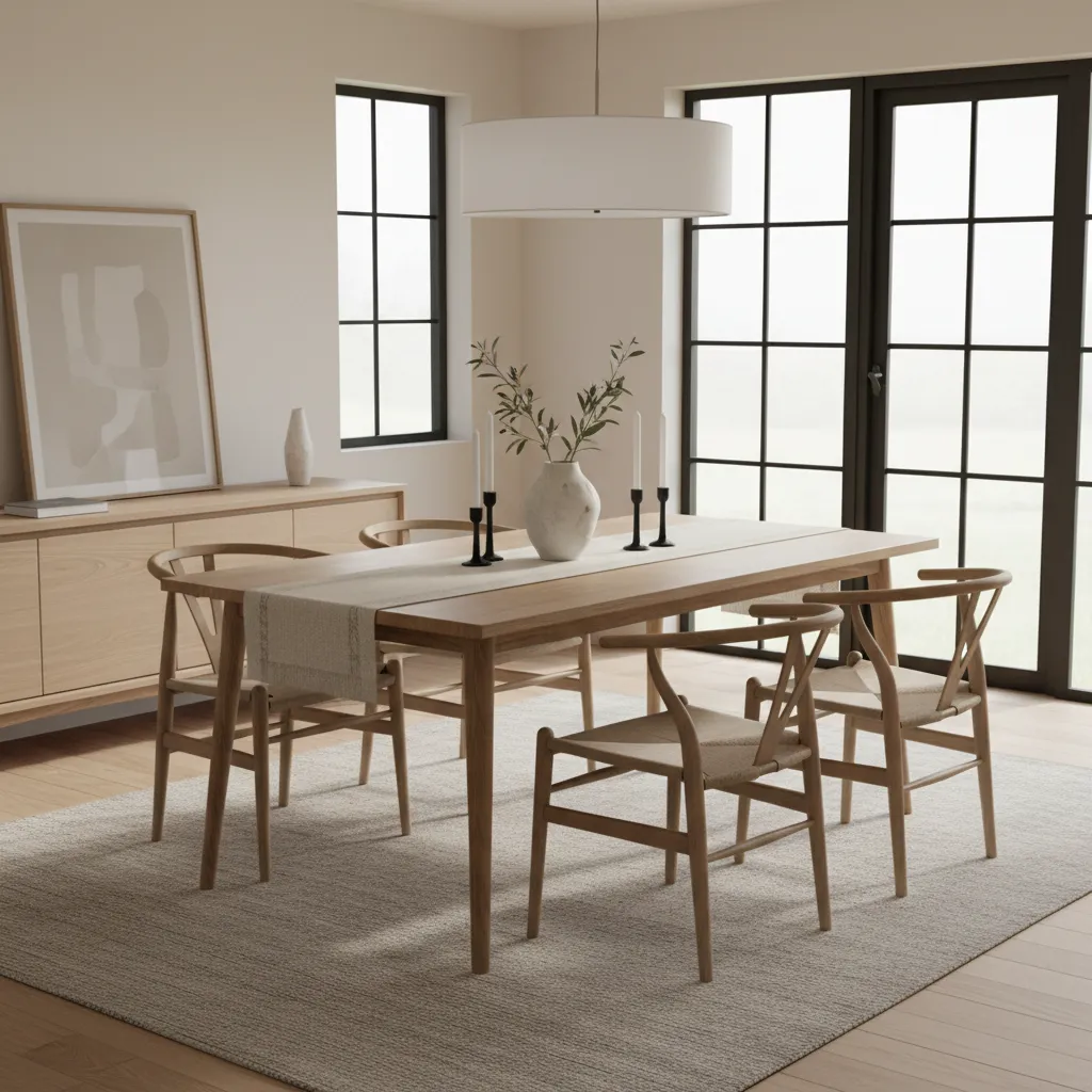 Minimal dining table with simple vase centerpiece