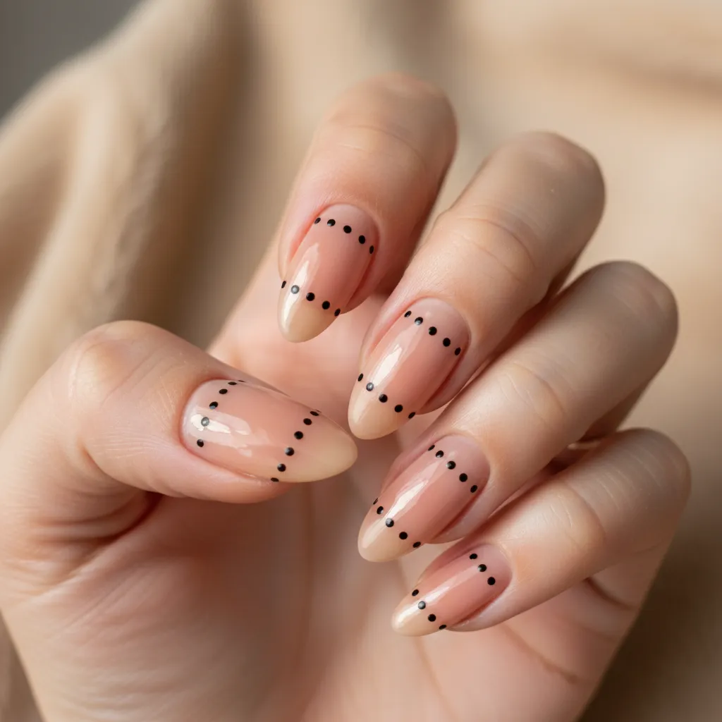 Hand with long almond nails featuring nude polish and horizontal rows of small black dots