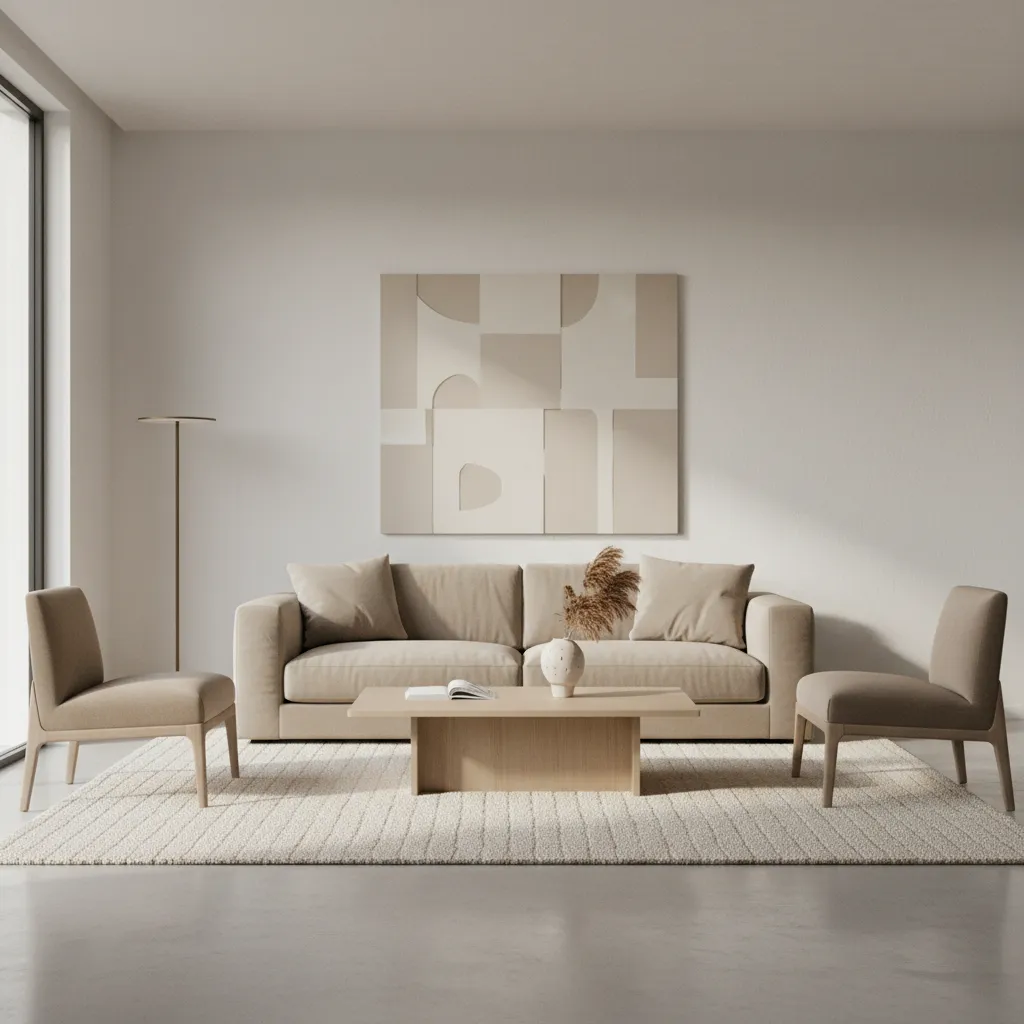 minimal drawing room with neutral colors sofa rug and wooden table