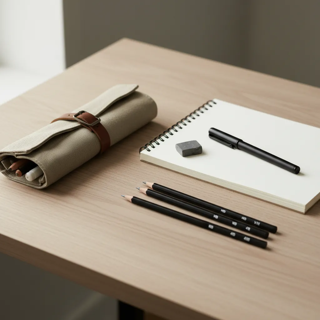 Minimal drawing kit with sketchbook pencils and eraser