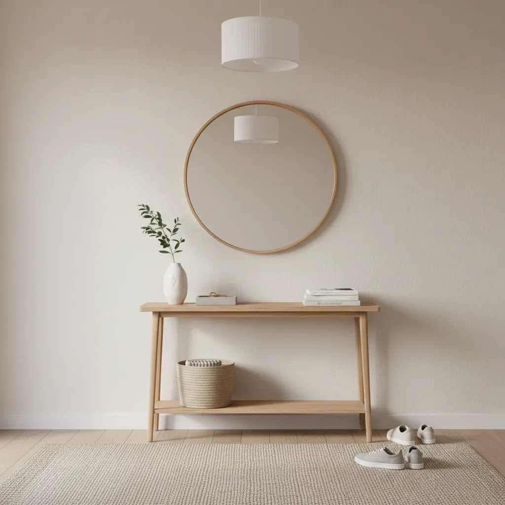 Minimal entryway console wall with wood console table and round mirror