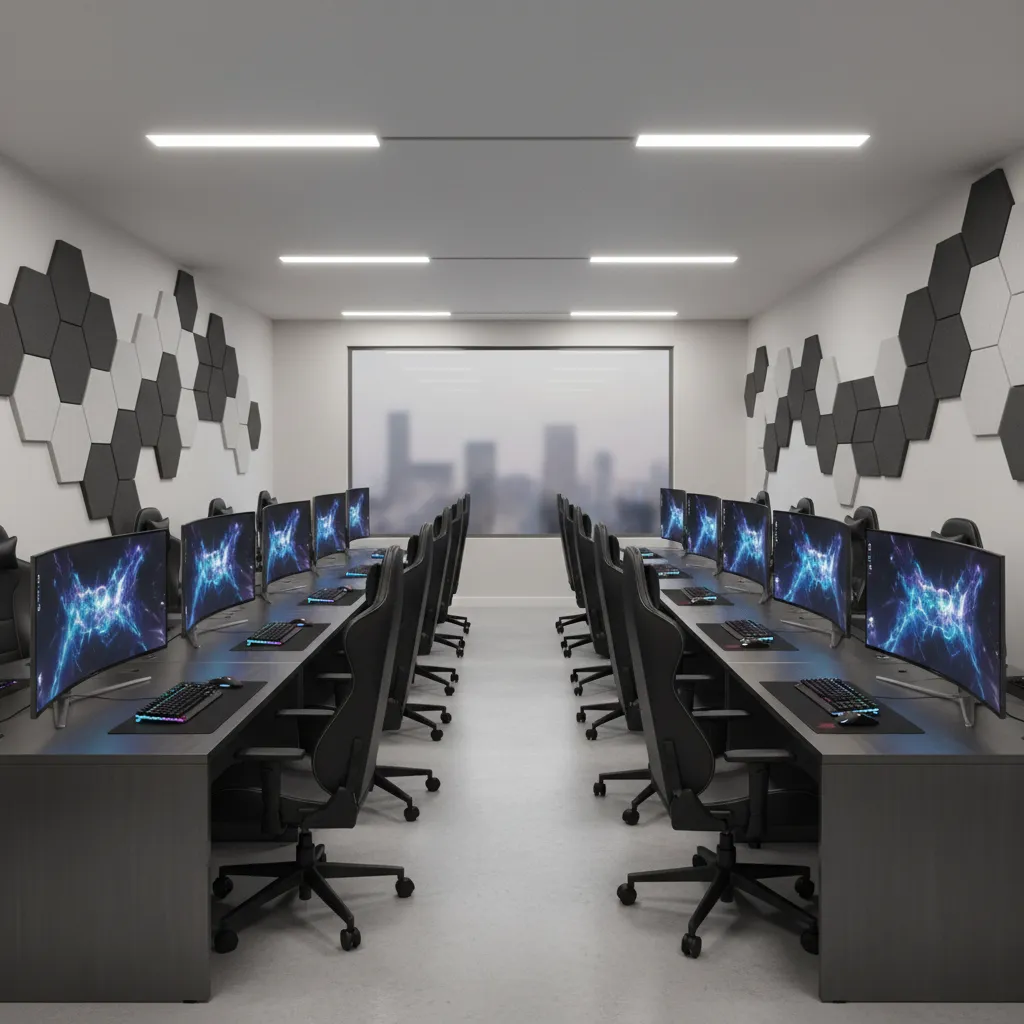 minimal professional esports gaming room environment with aligned desks