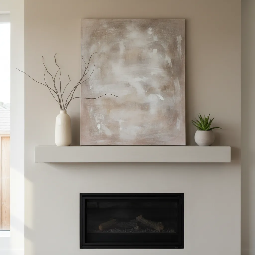 minimal mantel decor styling with artwork vase and plant