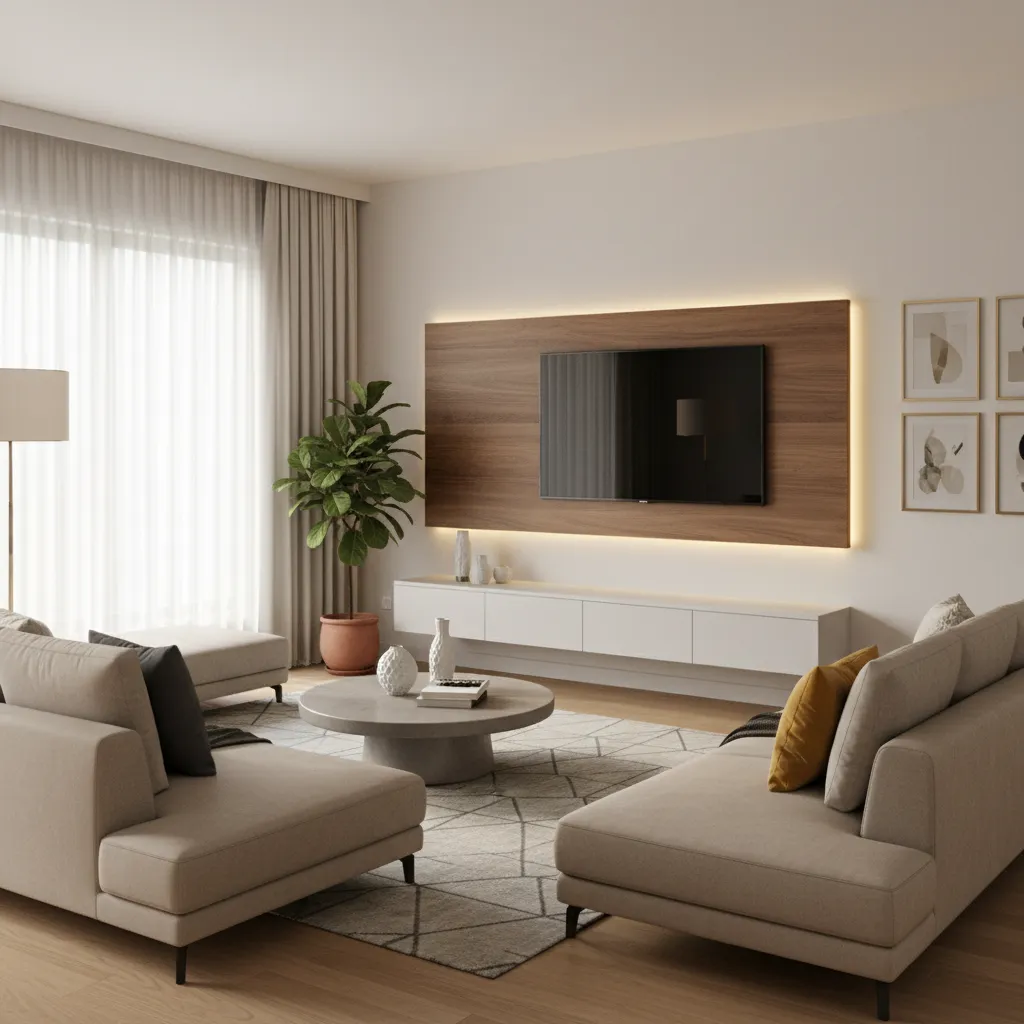 Minimal floating TV unit with wooden panel in modern Indian apartment living room