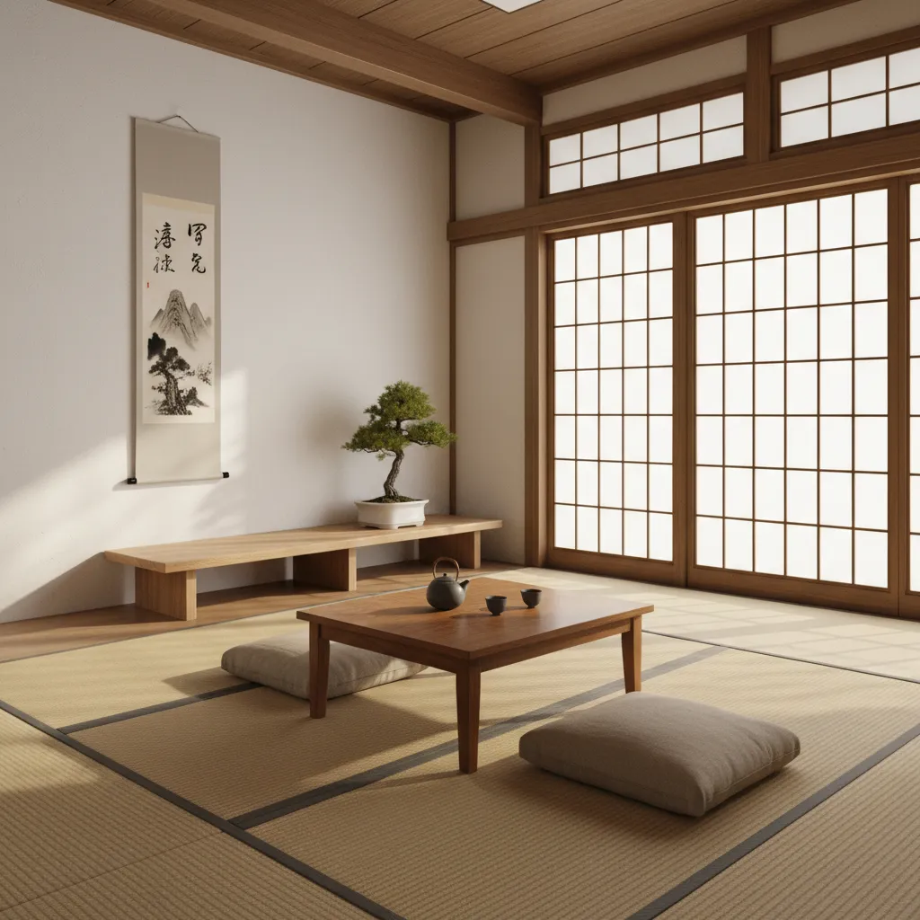 Interior japonés con pocos muebles y espacio abierto