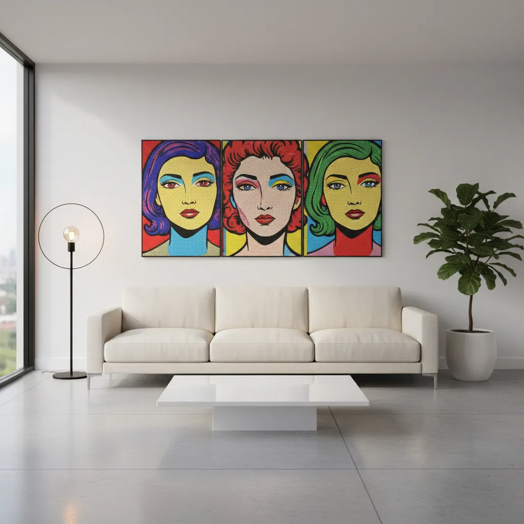 Sala con muebles minimalistas y decoración pop art en paredes