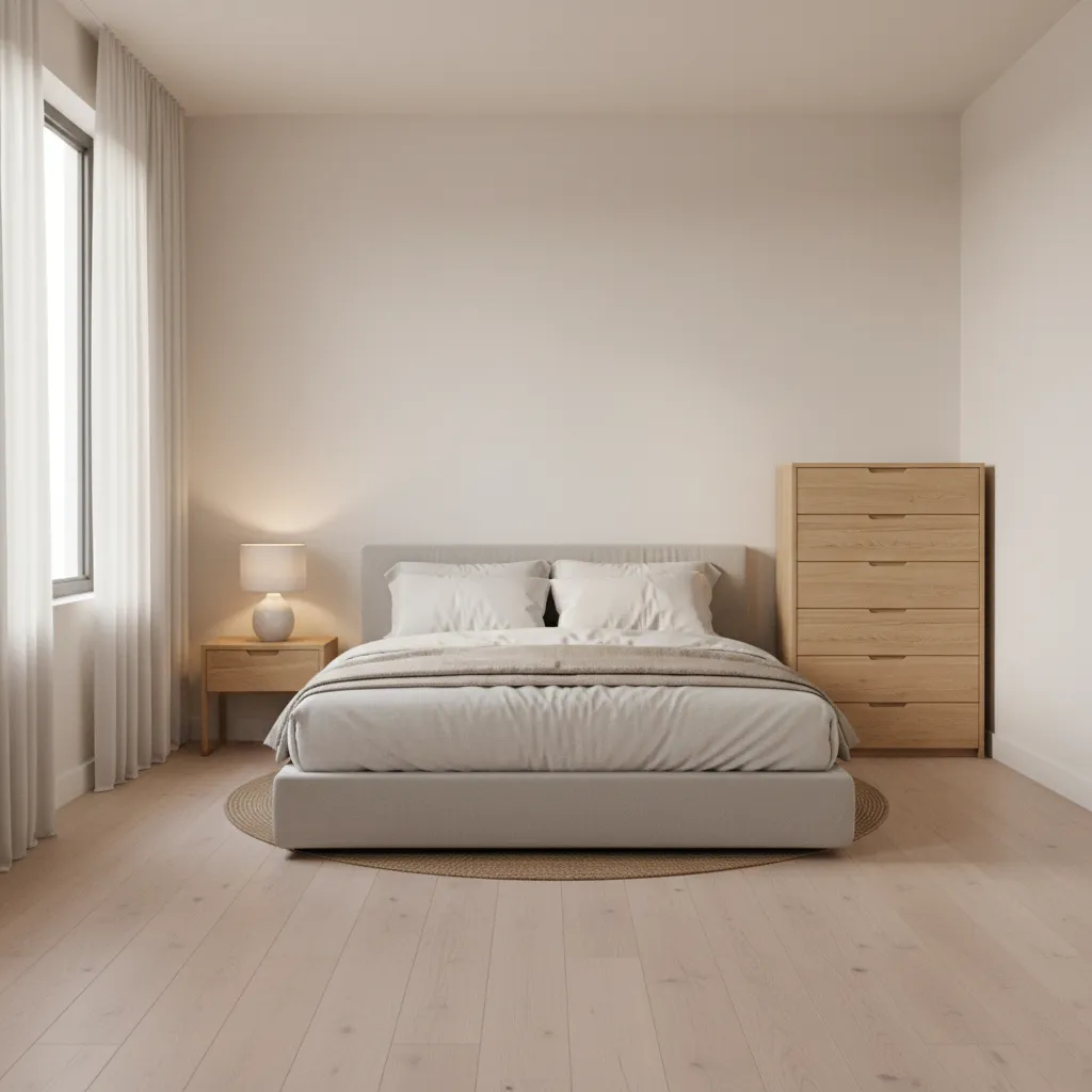 Minimal furniture arrangement in a small bedroom creating open space and better flow
