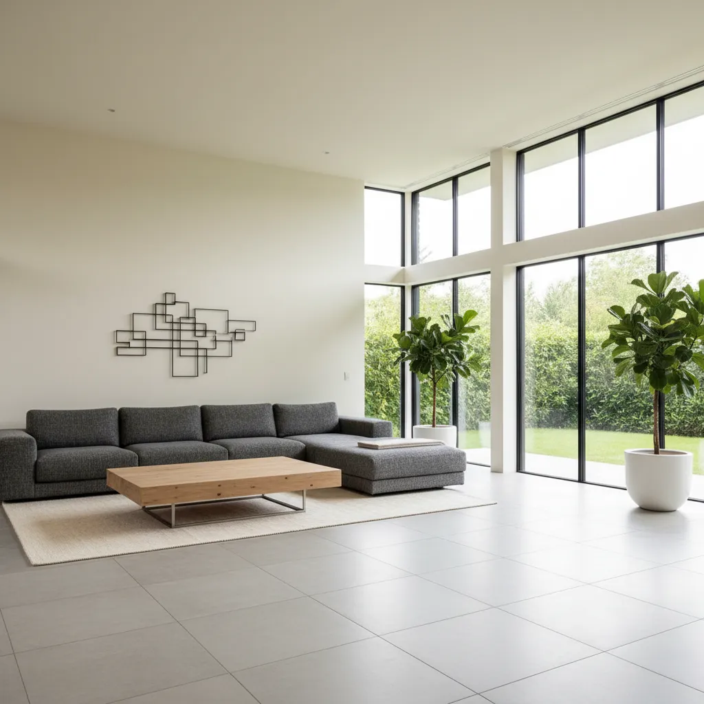 Minimalist living room with grey corner sofa wooden coffee table large windows and potted plants