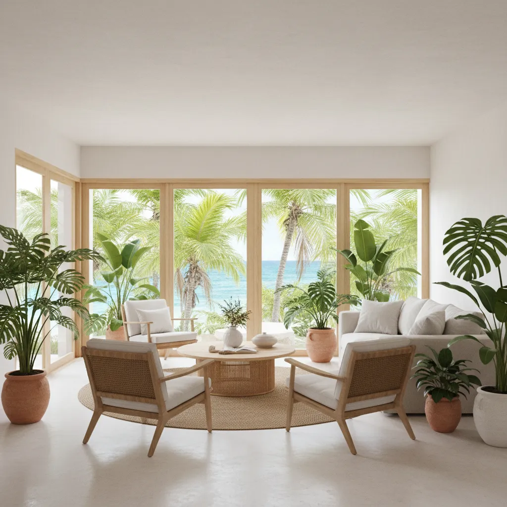 Interior tropical con mobiliario ligero y minimalista