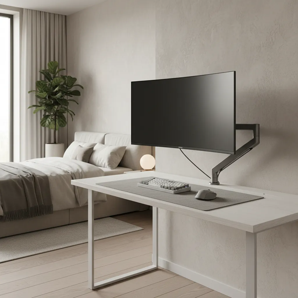 Minimal gaming desk setup with monitor arm in a small room