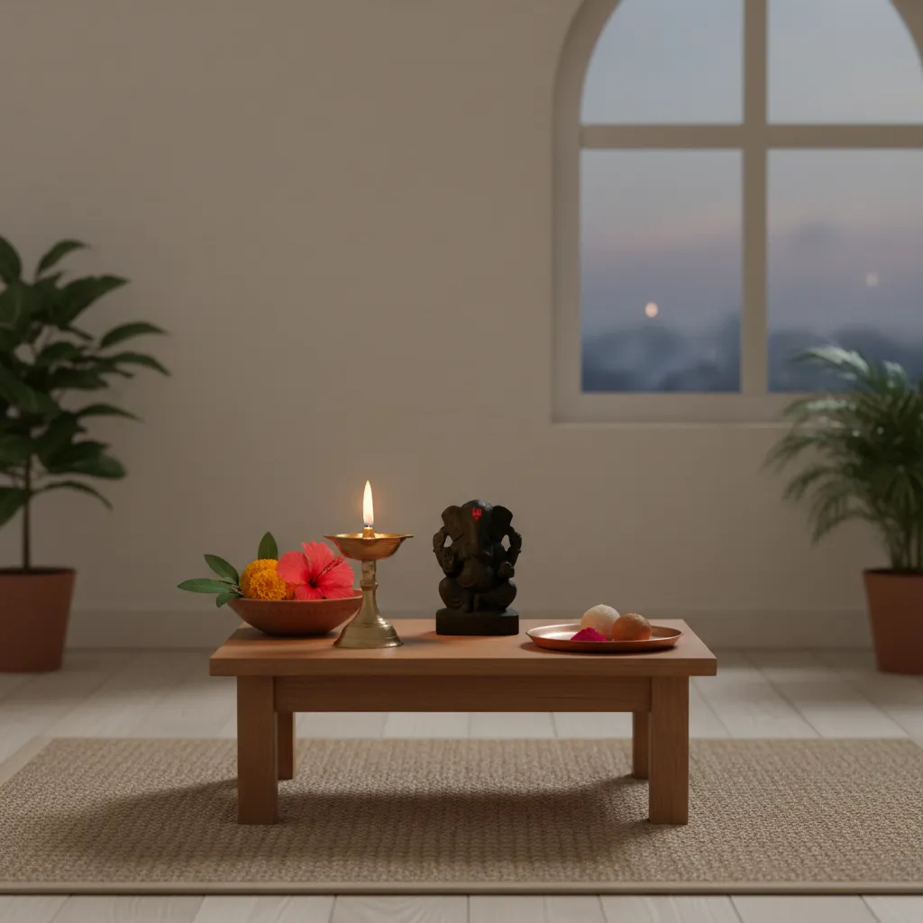Minimal Ganesh pooja setup with diya flowers and offerings